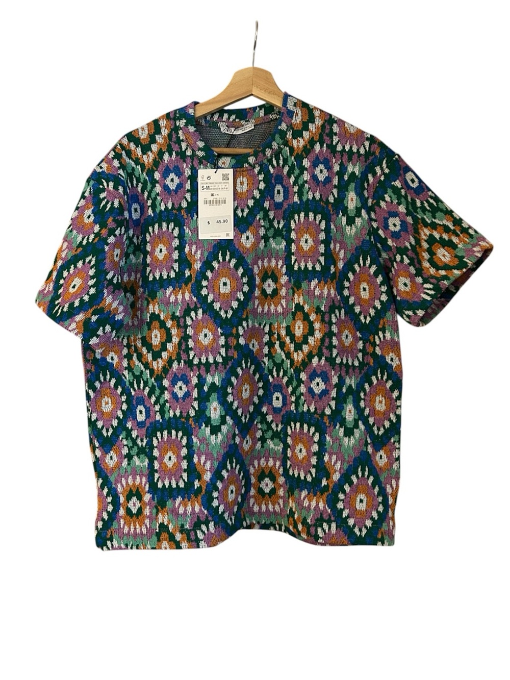 Zara Multicolor Geometric Short Sleeve Knit Sweater Size S/M